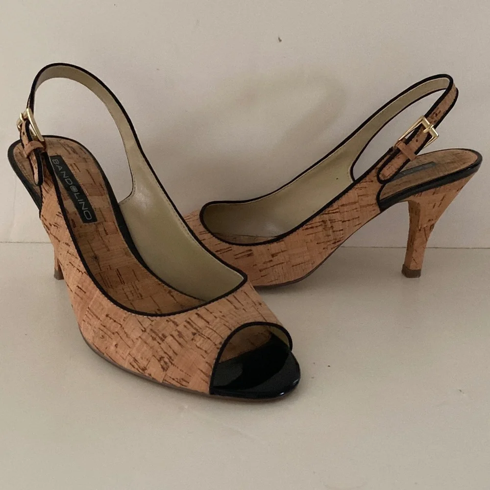 Bandolino Art Deco Cork & Black Trim Peep Toe Slingback Heels/Size 8M/EUC!